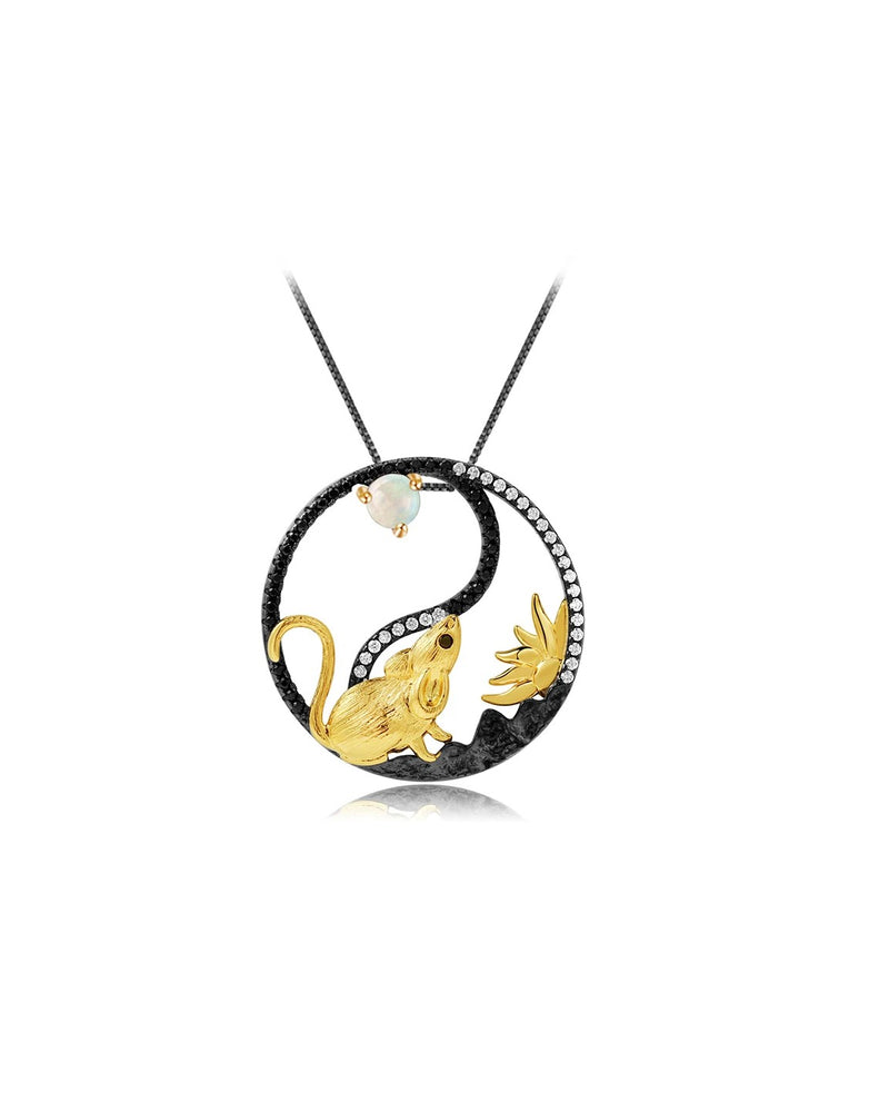 Rat zodiac necklace with natural African opal, gold plated on sterling silver