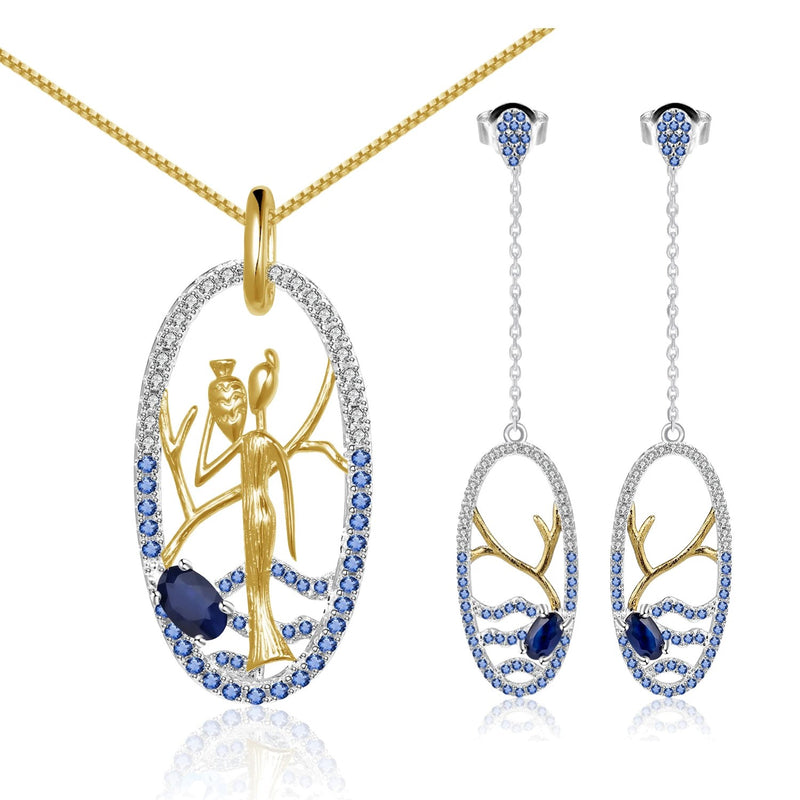 Diffusion sapphire jewellery set: pendant and drop earrings