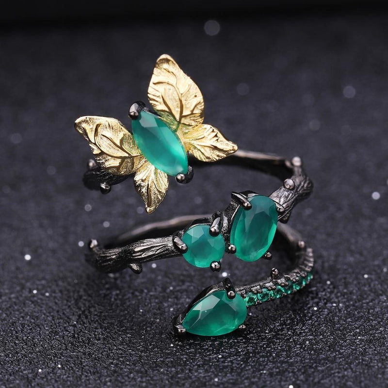 Green agate bird and butterfly ring in sterling silver