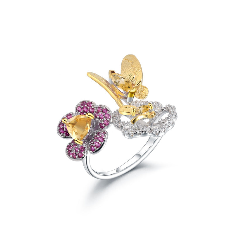 Citrine butterfly floral open ring in sterling silver