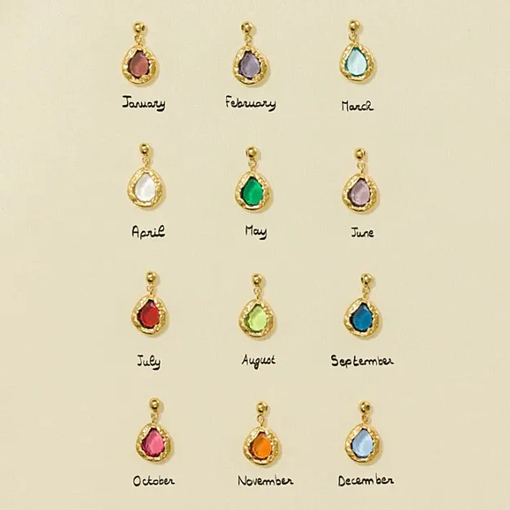 All twelve birthstone drop charms, January to December, laid out in a grid