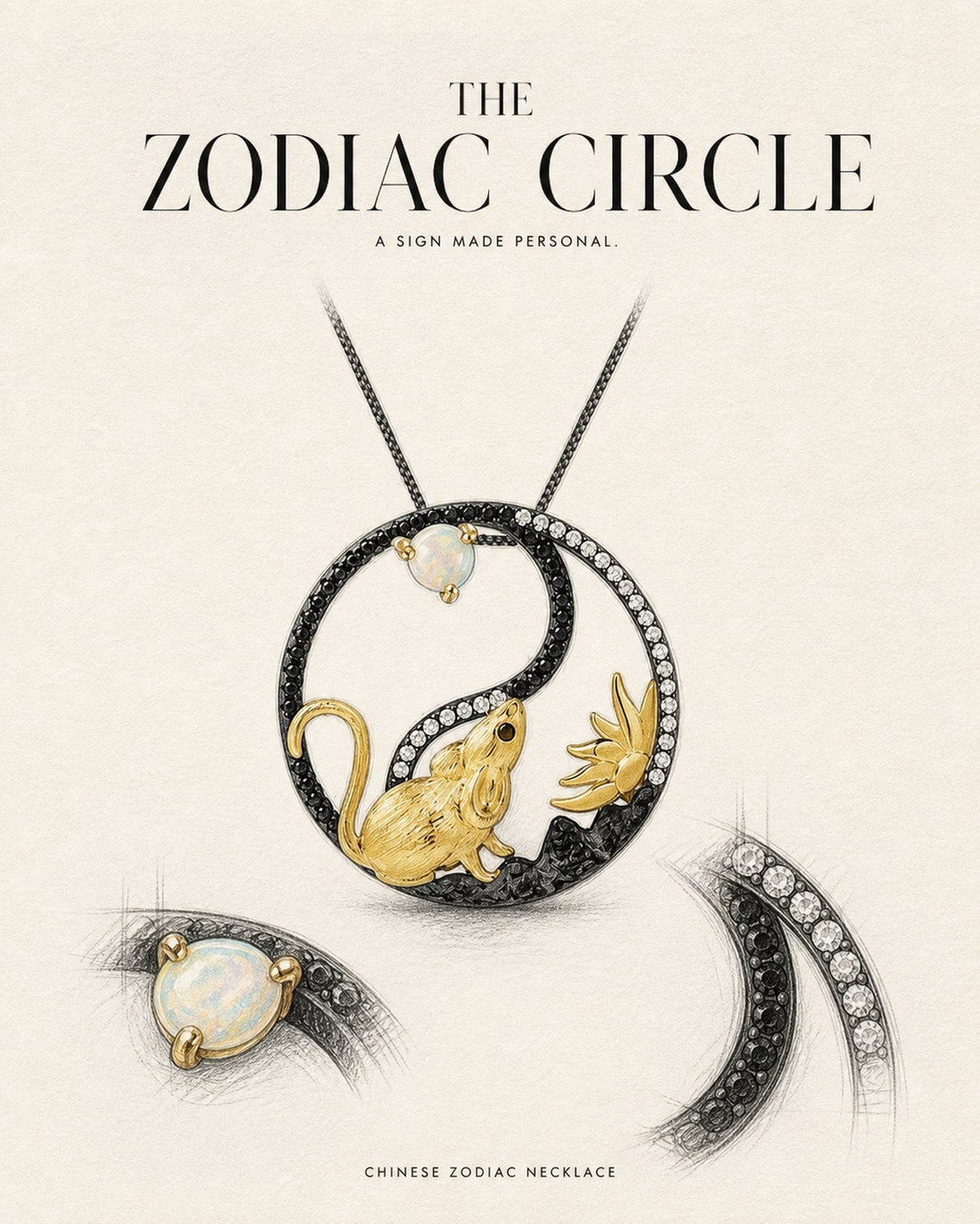 The Zodiac Circle necklace on illustrated paper, beside the original sketch of the twelve animals.