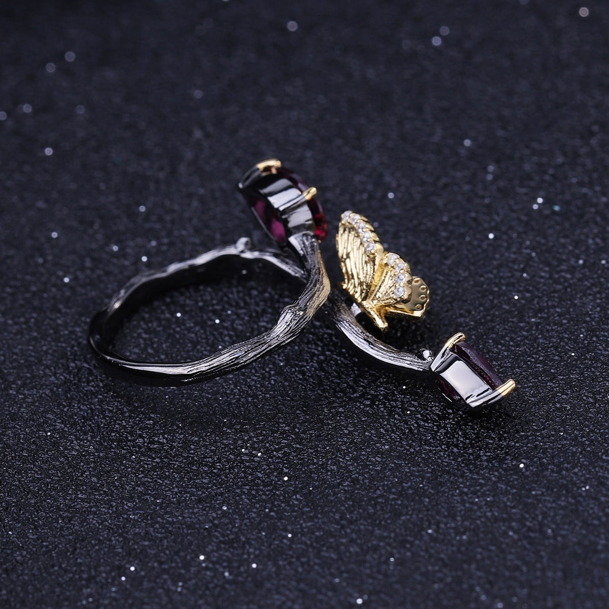 Rhodolite garnet butterfly ring, carried for love