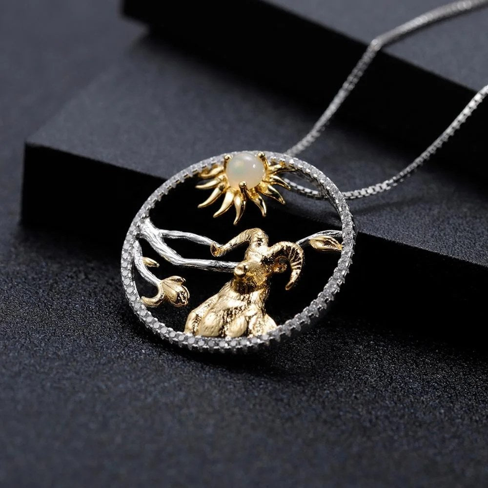 Quiet Resistance — African Opal & Chrome Diopside Goat Zodiac Necklace