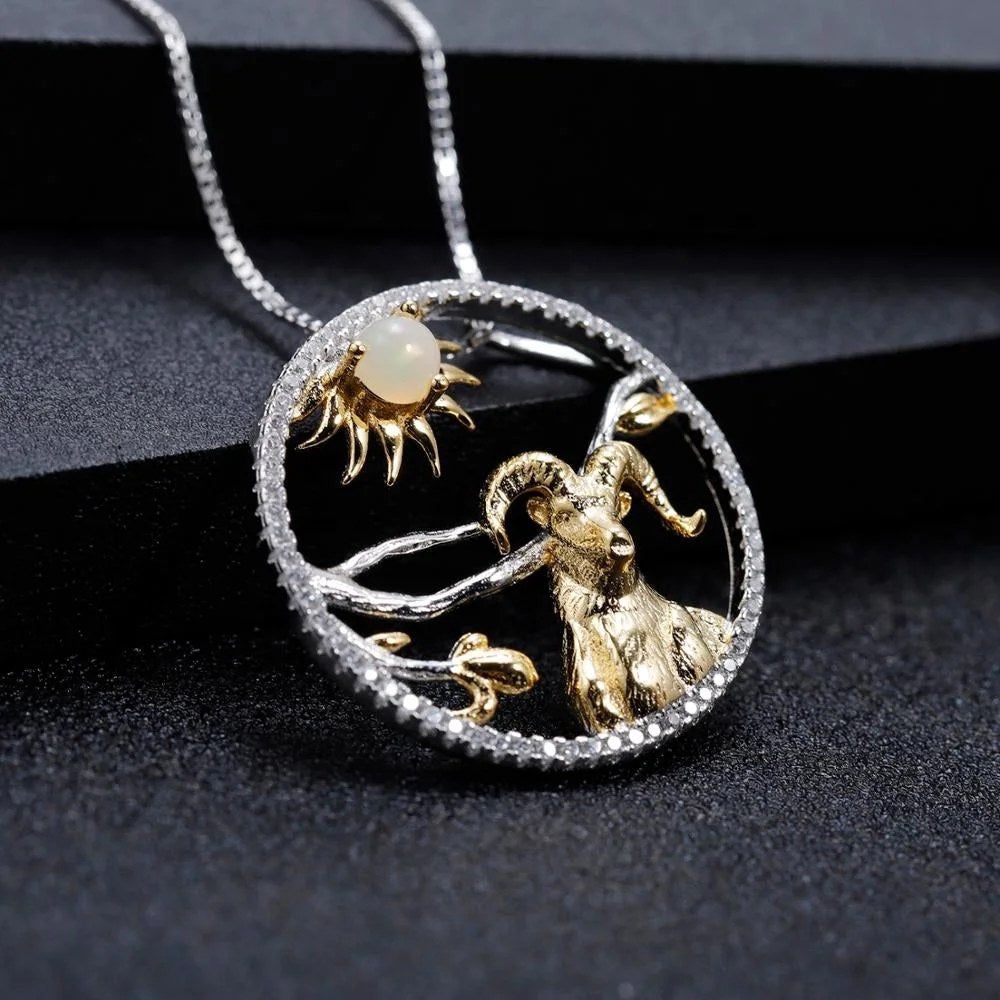 Quiet Resistance — African Opal & Chrome Diopside Goat Zodiac Necklace
