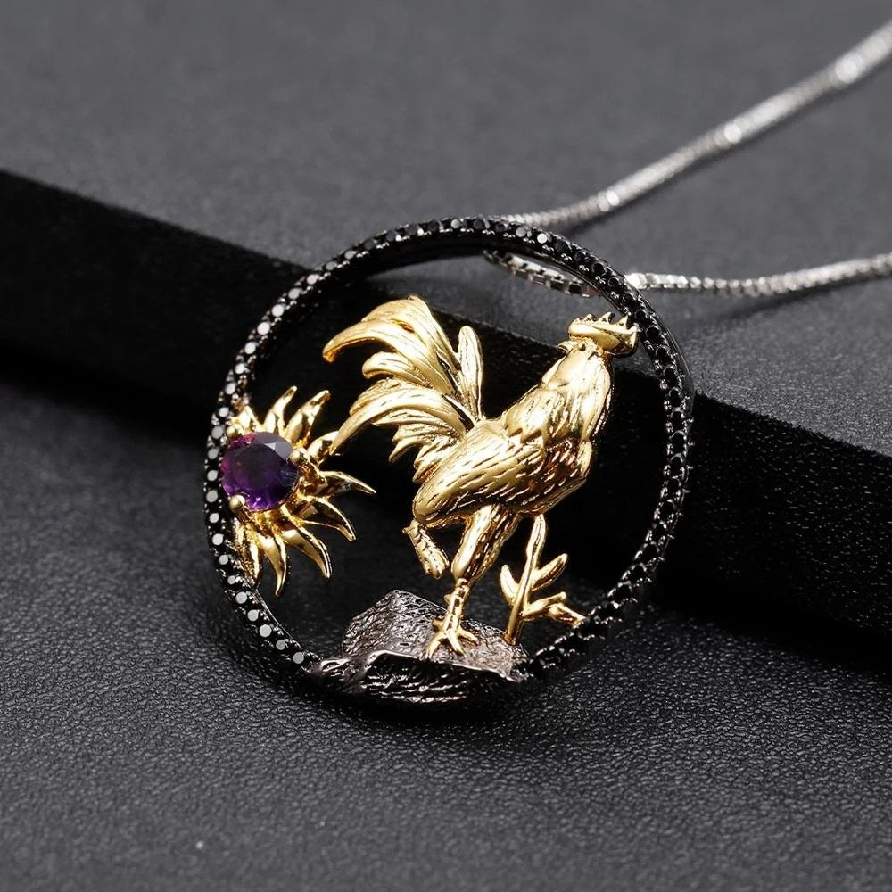 Before Daybreak — Amethyst Rooster Zodiac Necklace