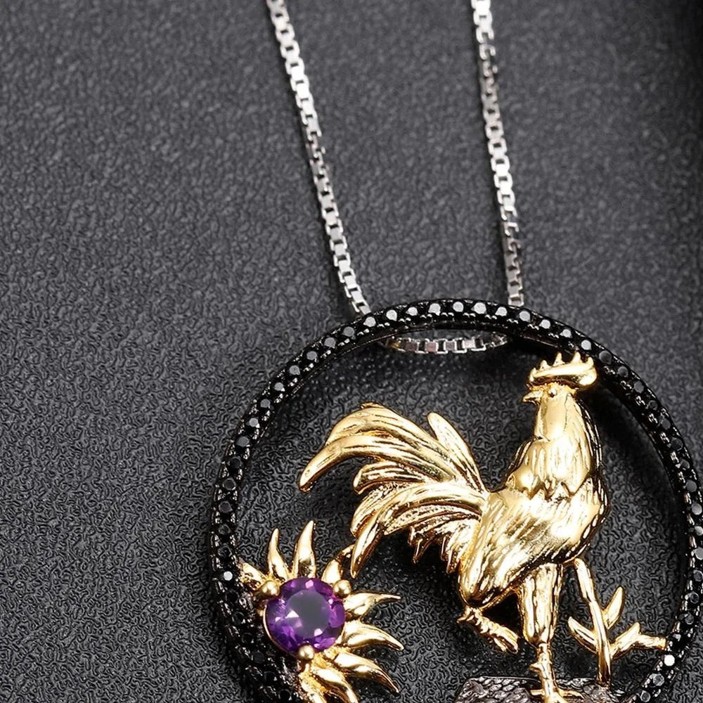 Before Daybreak — Amethyst Rooster Zodiac Necklace