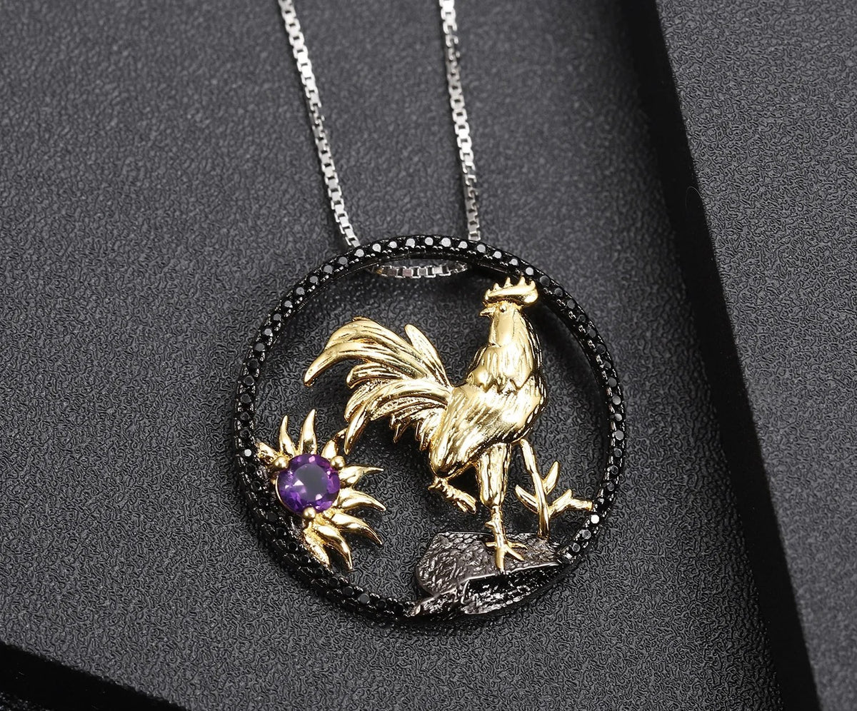 Before Daybreak — Amethyst Rooster Zodiac Necklace