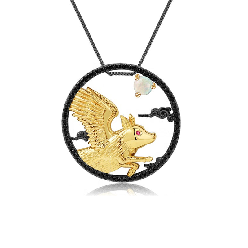 Pig zodiac necklace with natural African opal, gold plated on sterling silver