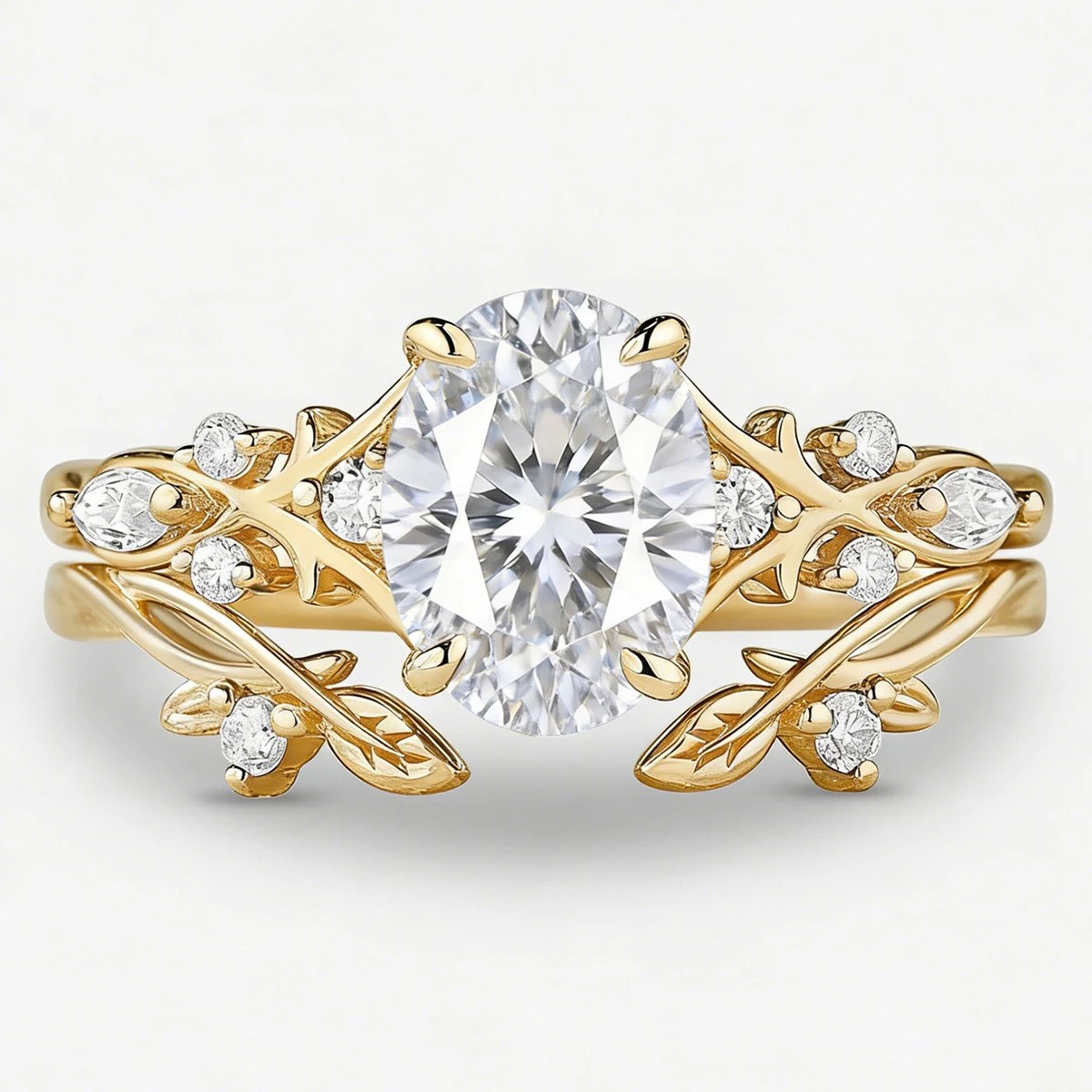 Hidden Branch — Oval Moissanite Leaf Ring Set