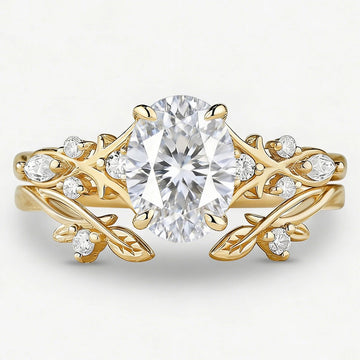 Hidden Branch — Oval Moissanite Leaf Ring Set