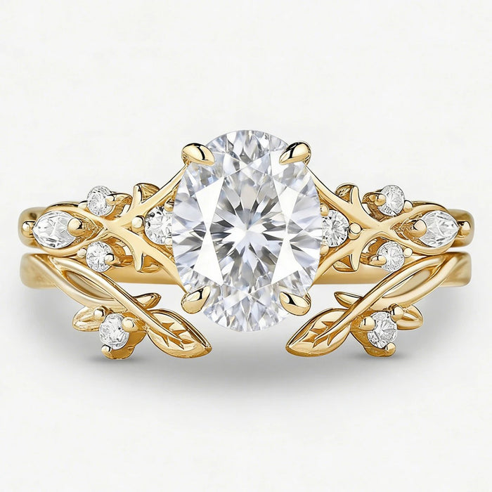 Hidden Branch — Oval Moissanite Leaf Ring Set