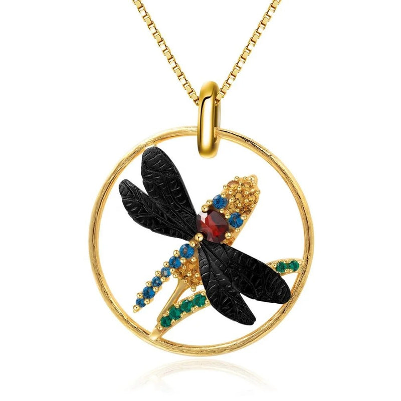 Black garnet dragonfly necklace in gold-plated sterling silver