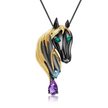 Unbridled — Amethyst & Blue Topaz Horse Necklace and Brooch
