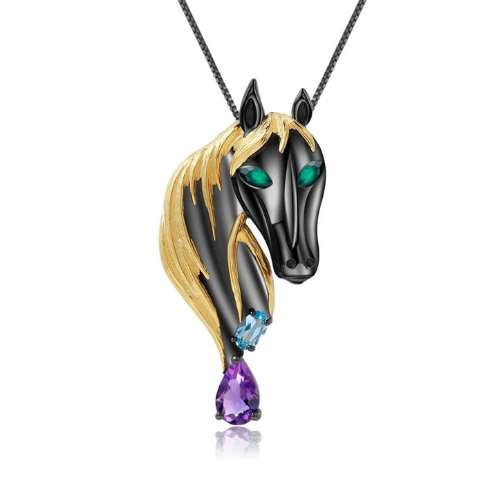Unbridled — Amethyst & Blue Topaz Horse Necklace and Brooch