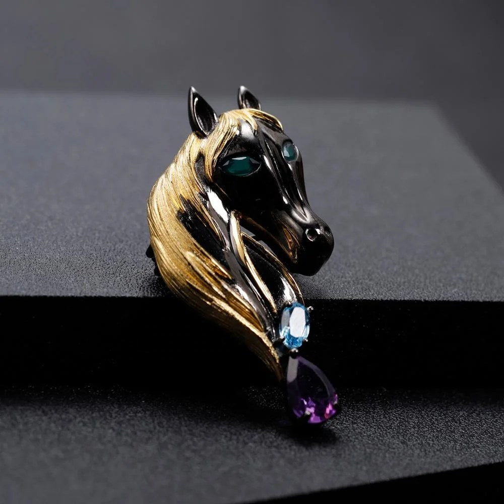 Unbridled — Amethyst & Blue Topaz Horse Necklace and Brooch