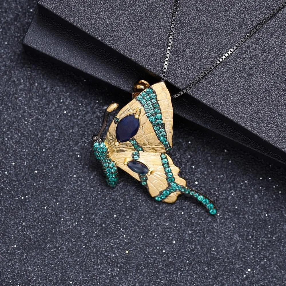 Sapphire Wing — Blue Sapphire Butterfly Necklace and Brooch