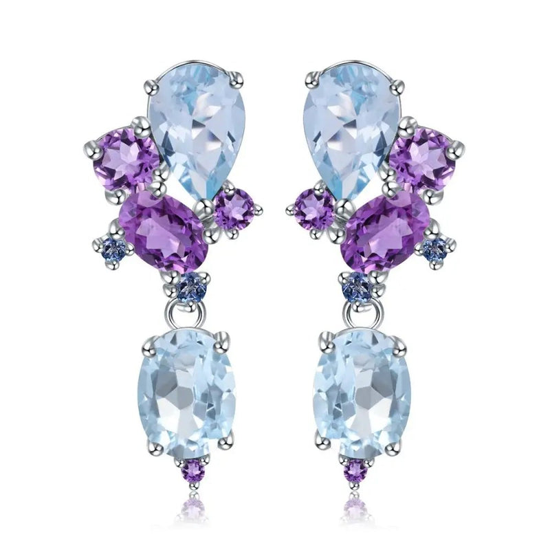 Sky blue topaz and amethyst drop earrings in sterling silver