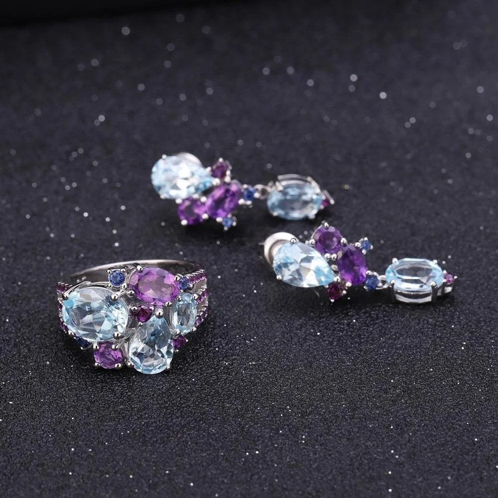 Open Current — Sky Blue Topaz & Amethyst Drop Earrings