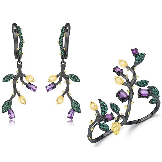Amethyst branch jewellery set: earrings and ring