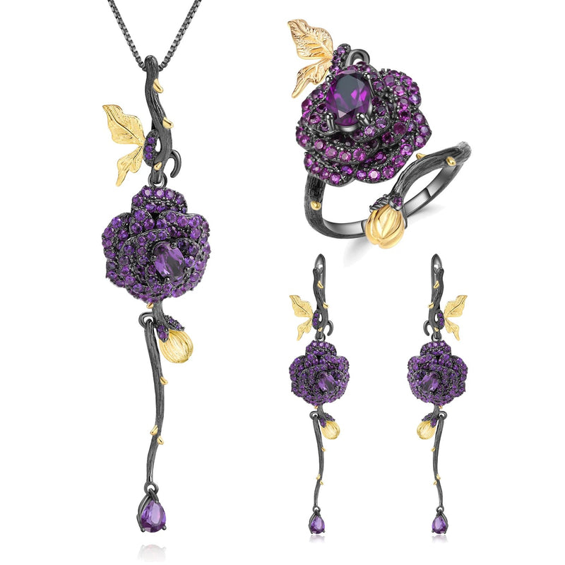 Amethyst botanical jewellery set: necklace, earrings and ring