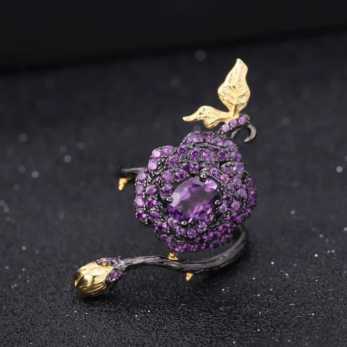Botanical adjustable ring, pavé flower on a blackened branch band