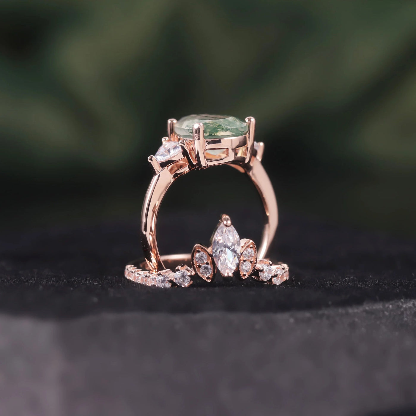 Forest Trace — Moss Agate Pear Ring Set