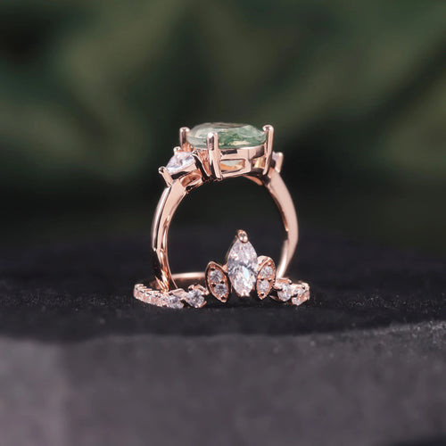 Moss agate pear ring set in rose gold-tone sterling silver