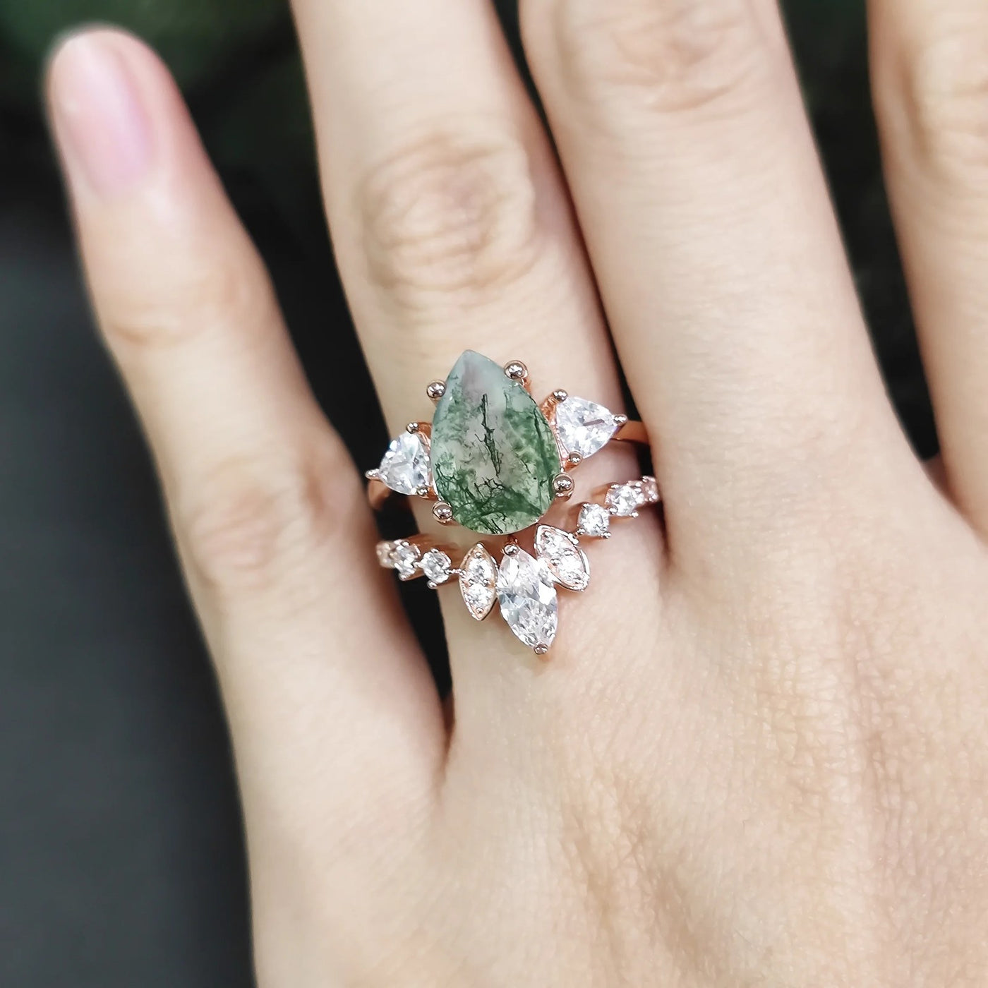 Forest Trace — Moss Agate Pear Ring Set