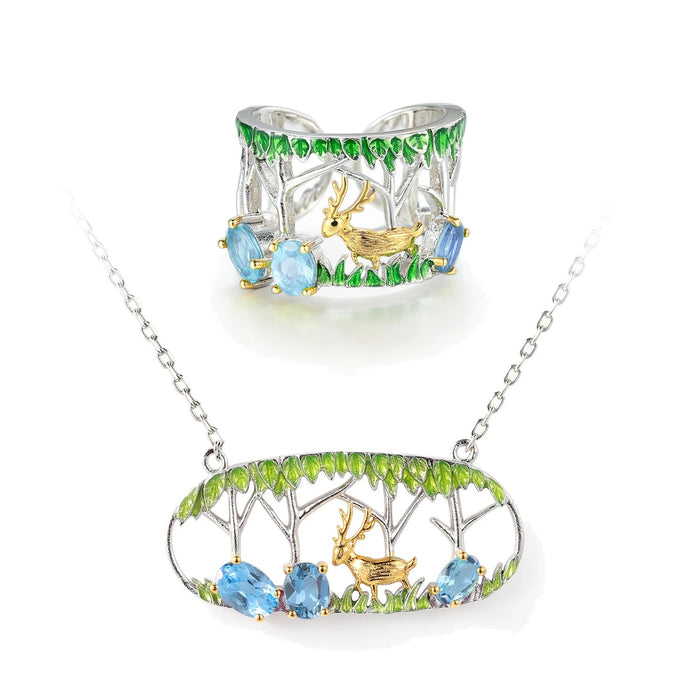 Swiss blue topaz deer jewellery set: necklace and ring