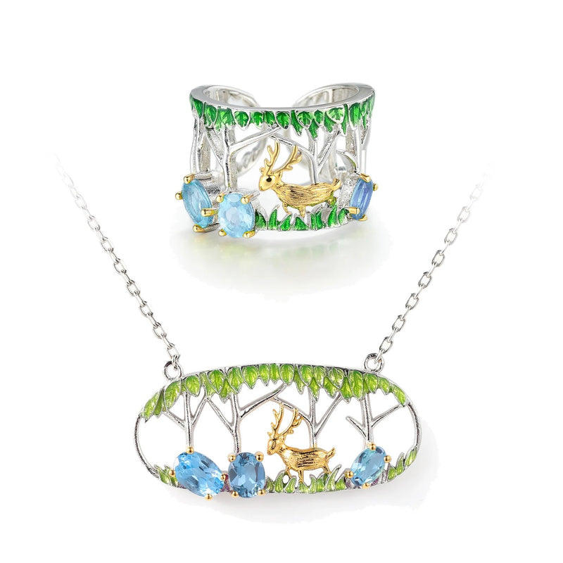 Swiss blue topaz deer jewellery set: necklace and ring
