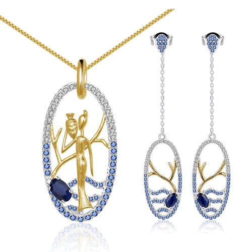 Diffusion sapphire jewellery set: pendant and drop earrings