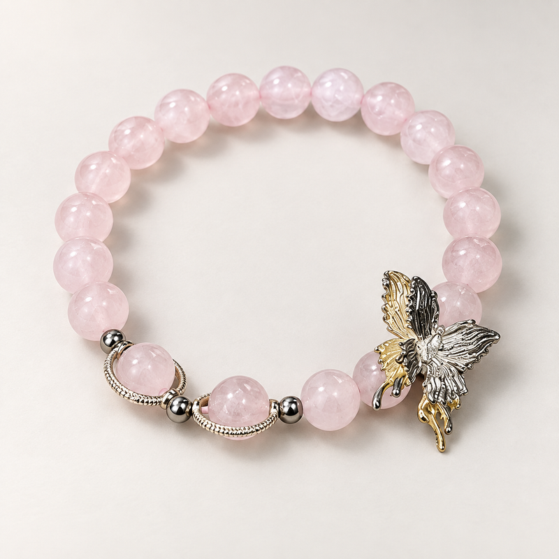 Pink Wing rose quartz butterfly beaded bracelet