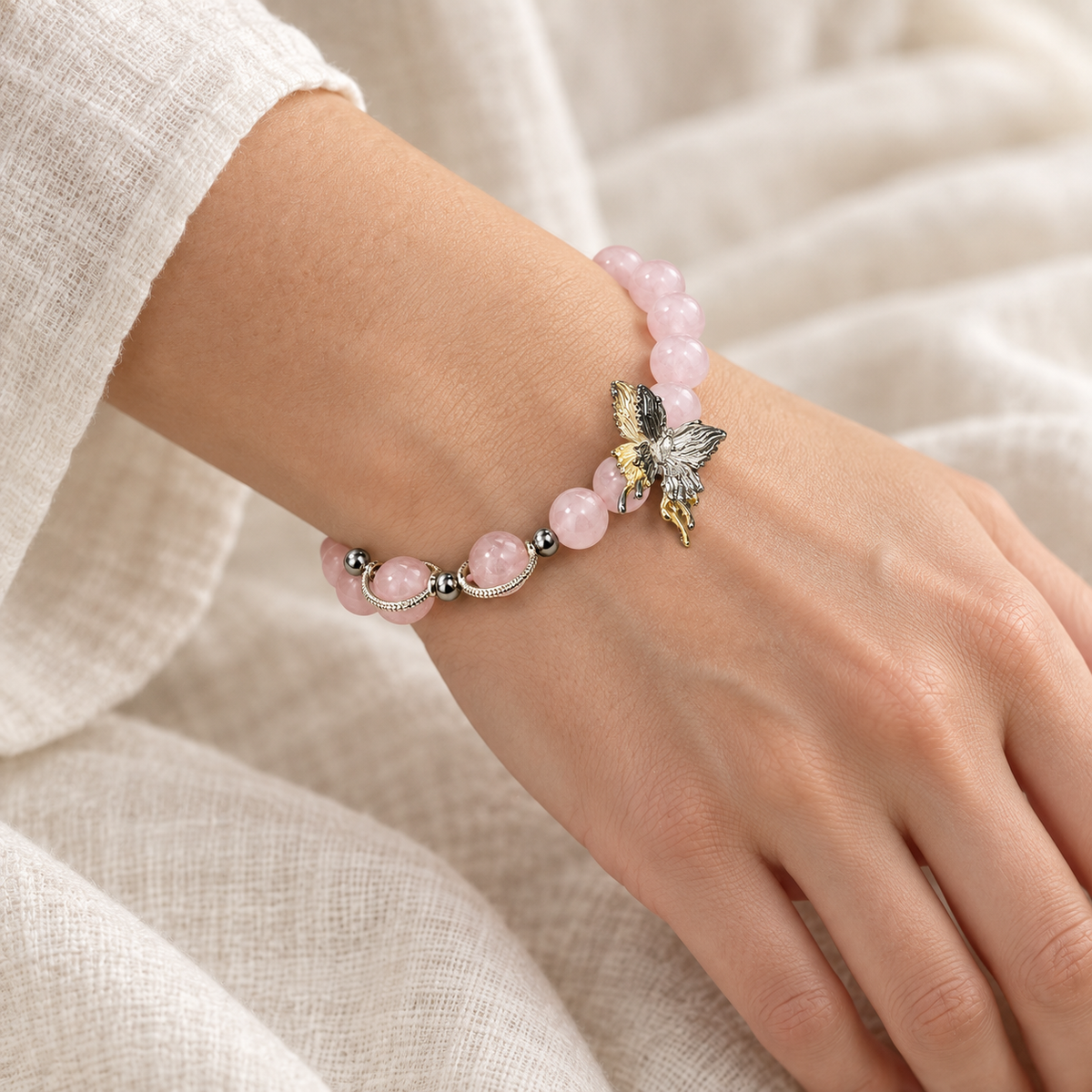 Pink Wing — Rose Quartz Butterfly Bracelet