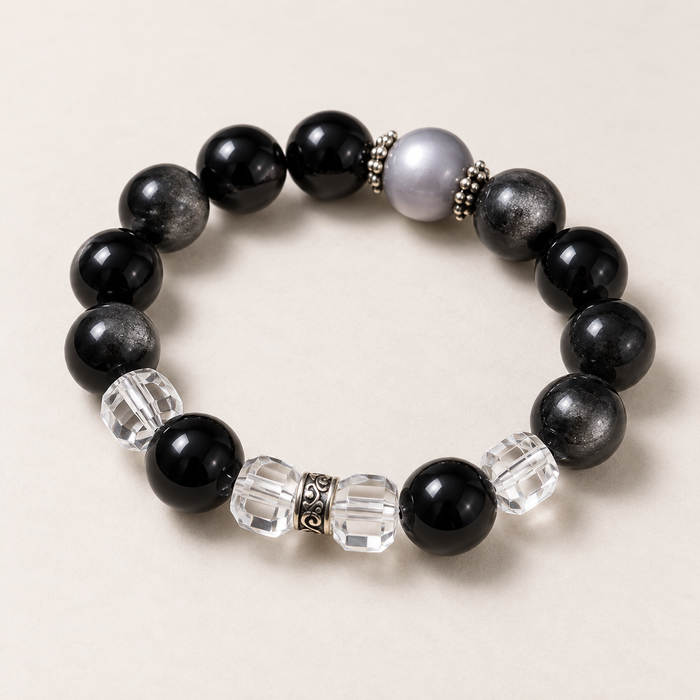 Mirror Black silver sheen obsidian beaded bracelet