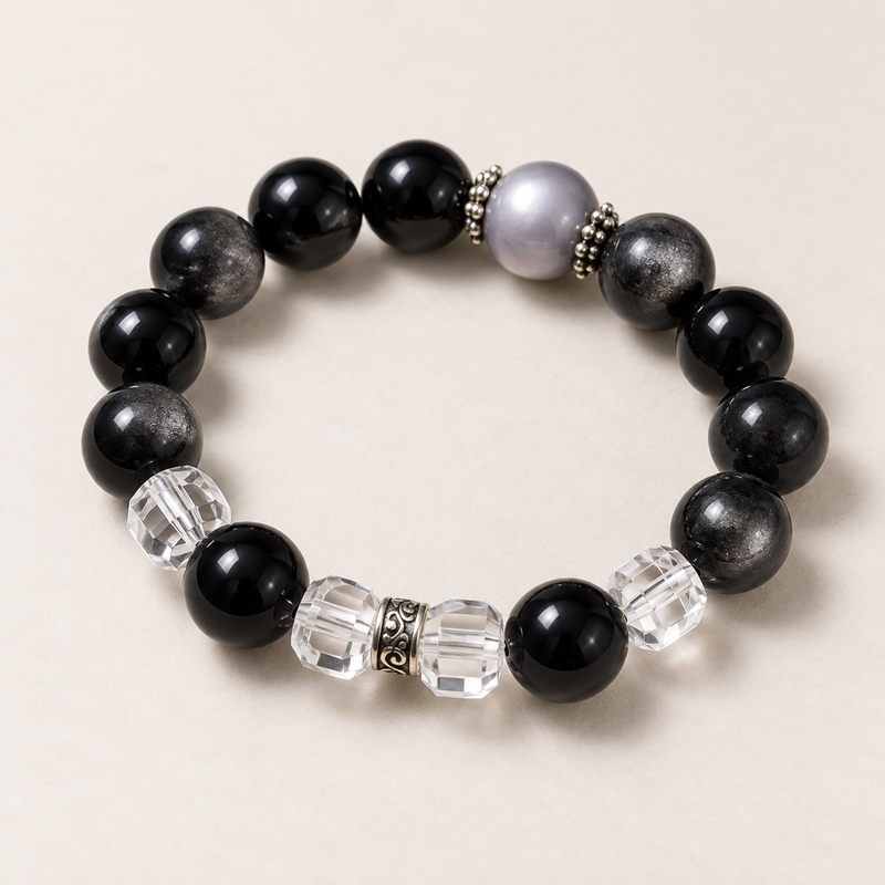 Mirror Black silver sheen obsidian beaded bracelet