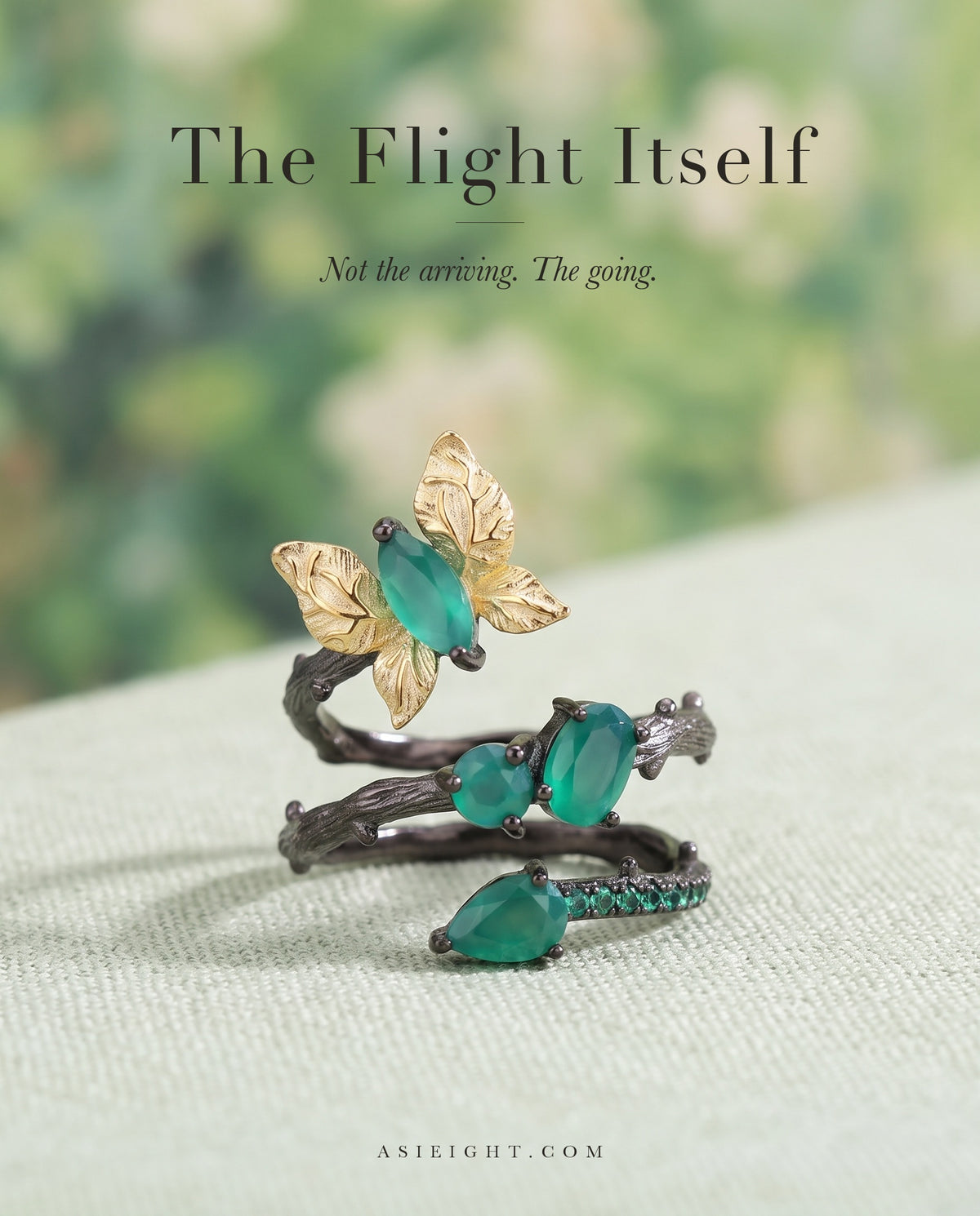 The Flight Itself — Green Agate Bird & Butterfly Ring
