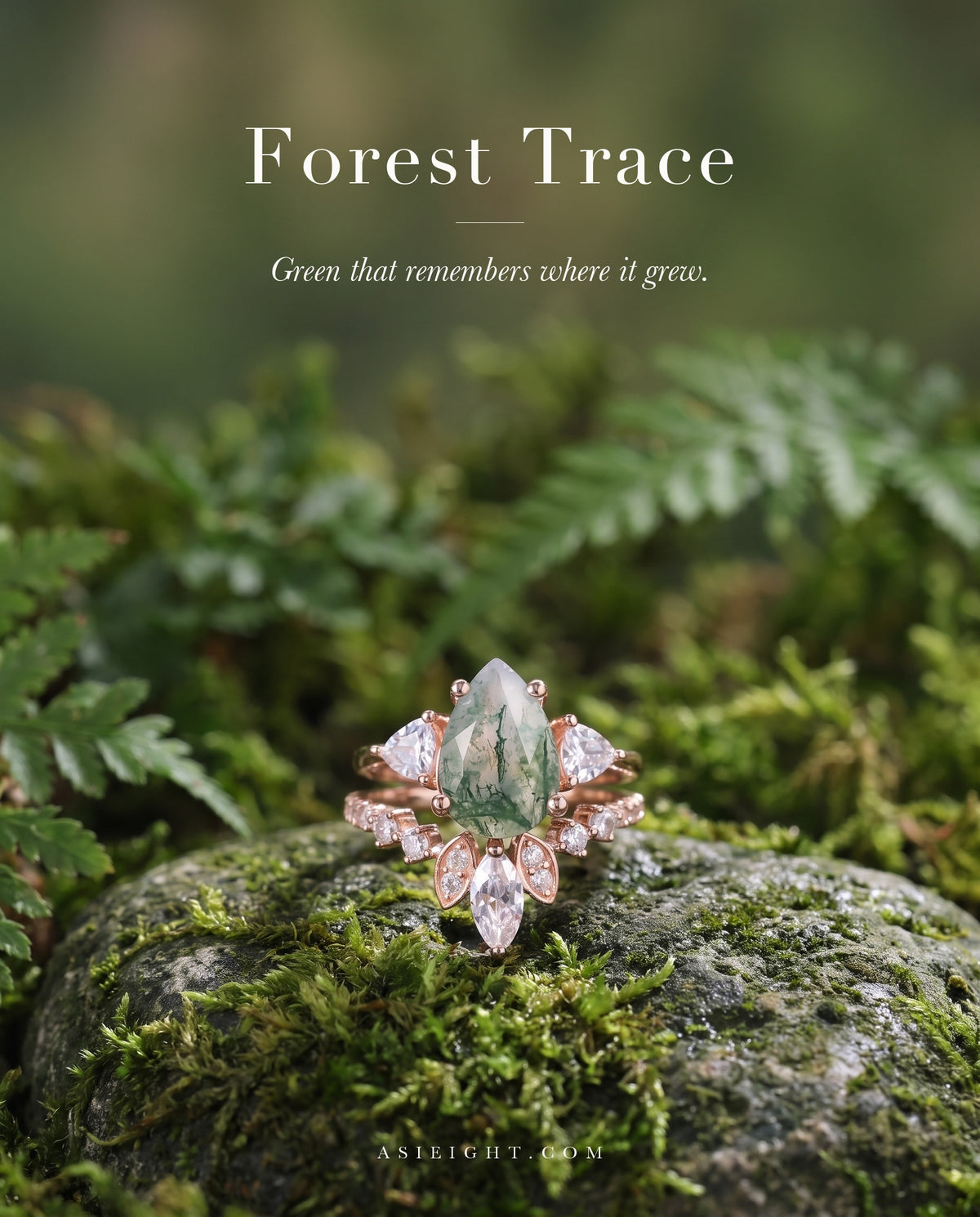 Forest Trace — Moss Agate Pear Ring Set