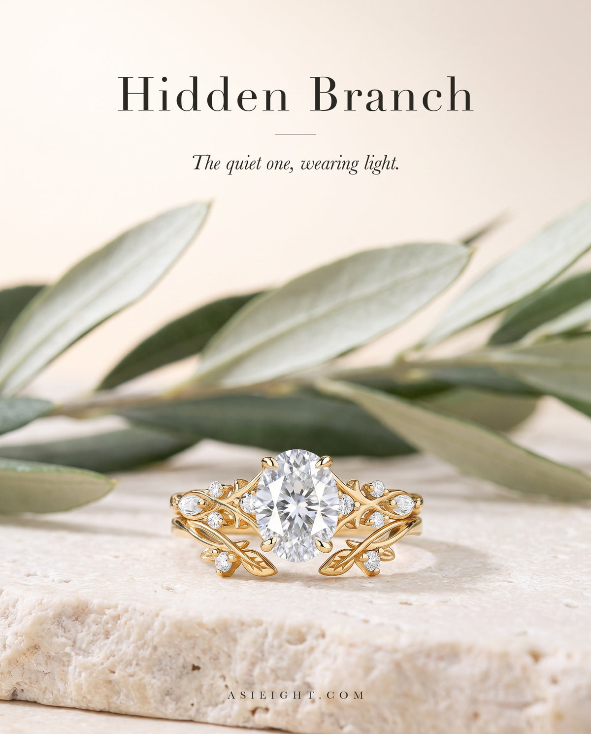 Hidden Branch — Oval Moissanite Leaf Ring Set