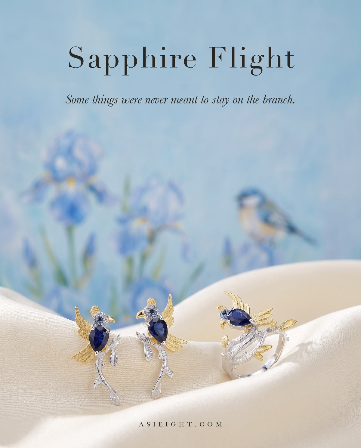 Sapphire Flight — Blue Sapphire Bird Ring & Earrings