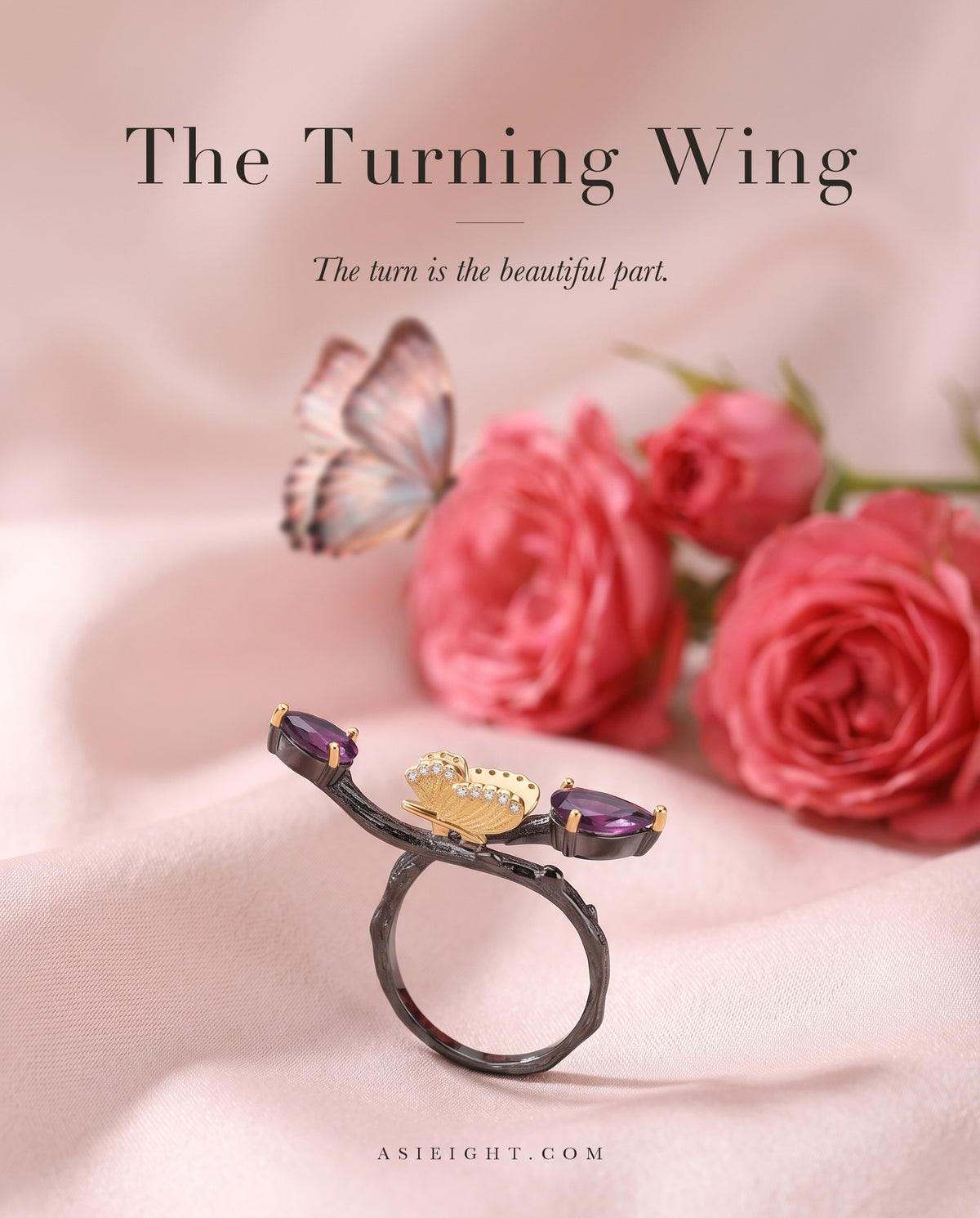 The Turning Wing — Rhodolite Garnet Butterfly Ring