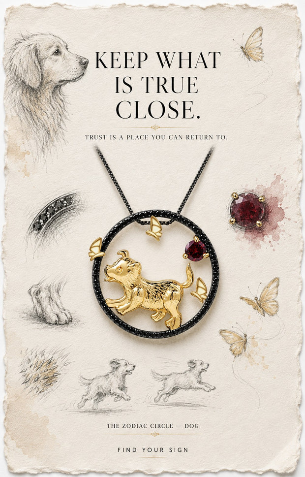Dog — The Zodiac Circle. Gold dog and garnet inside a black pavé circle, on illustrated paper.