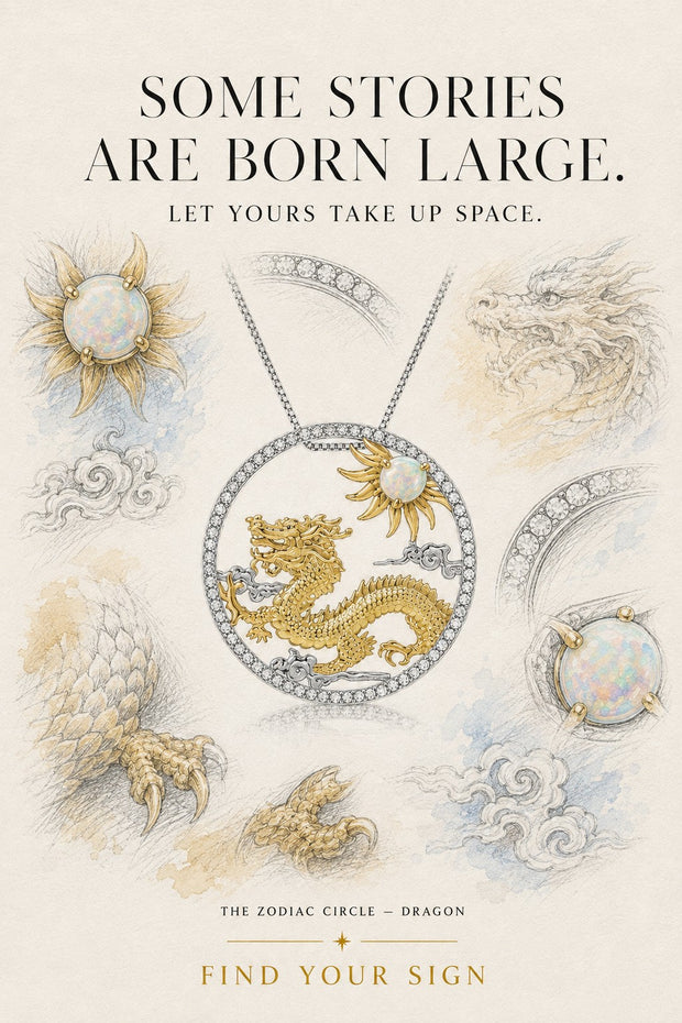 Dragon — The Zodiac Circle. Gold dragon and opal sun inside a pavé circle, on illustrated paper.