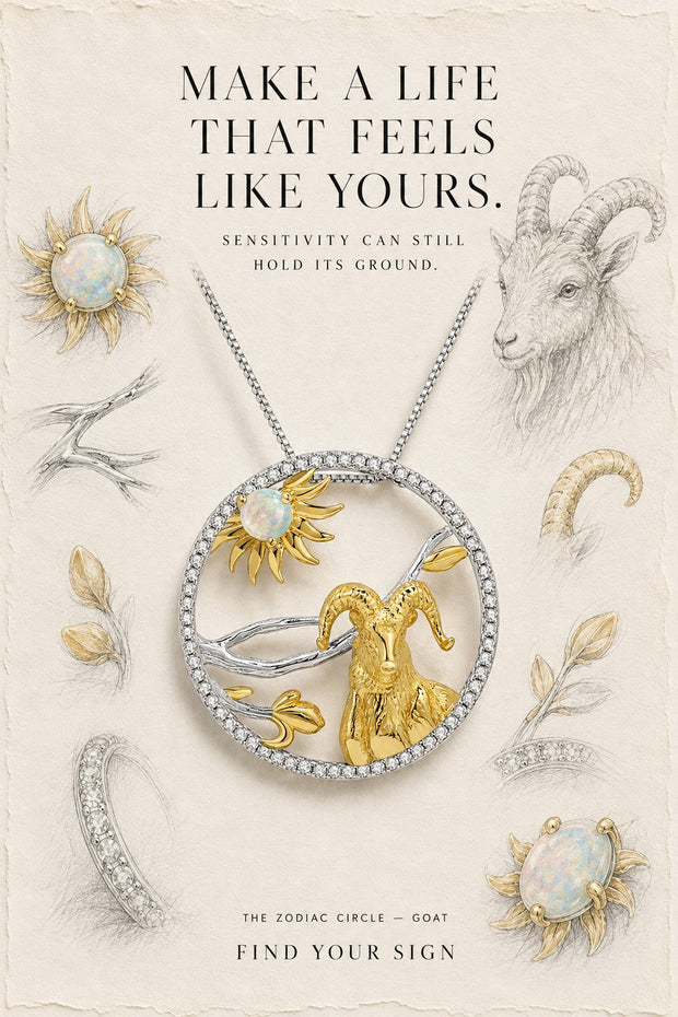 Goat — The Zodiac Circle. Gold goat and opal sun inside a pavé circle, on illustrated paper.