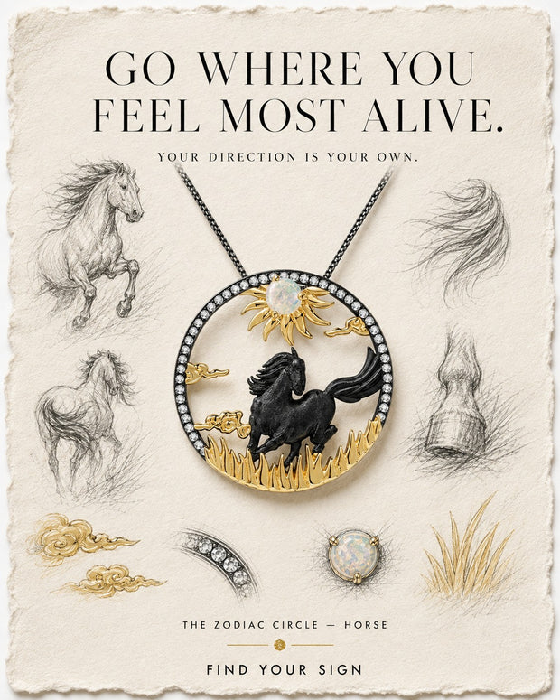 Horse — The Zodiac Circle. Dark horse and gold grass inside a pavé circle, on illustrated paper.
