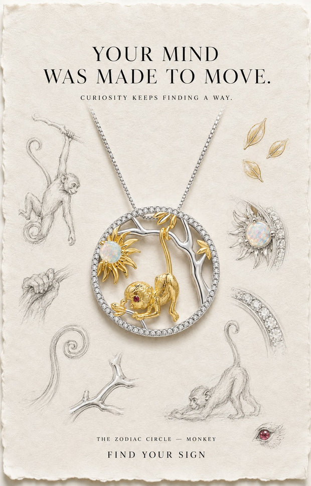 Monkey — The Zodiac Circle. Gold monkey on a branch inside a pavé circle, on illustrated paper.