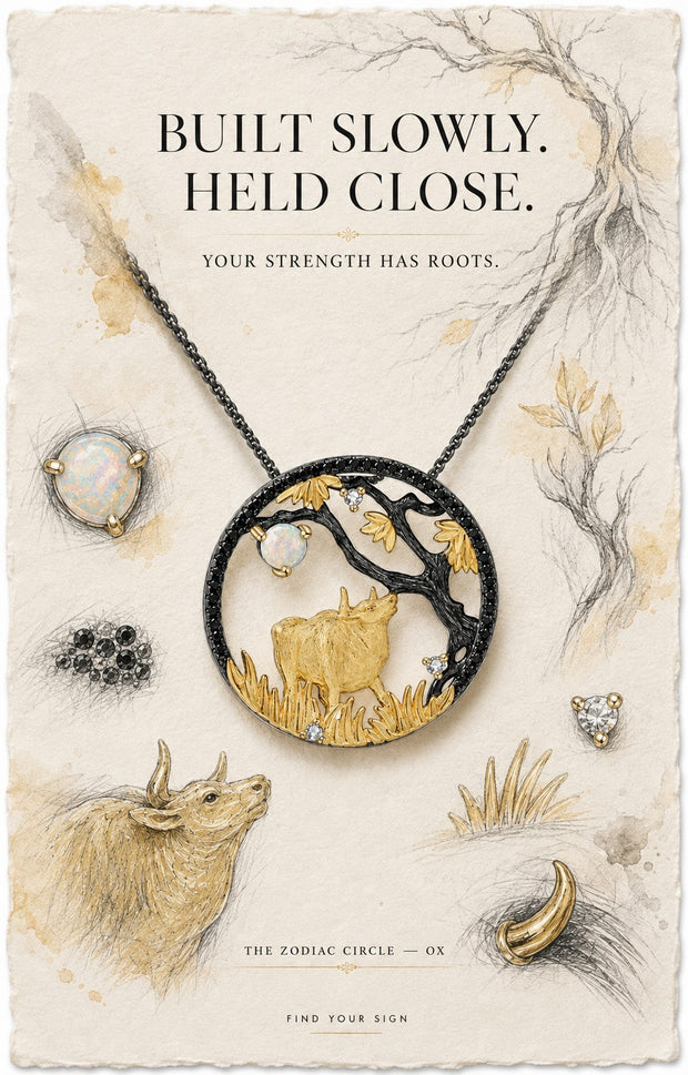 Ox — The Zodiac Circle. Gold ox under a branch with African opal, black pavé circle, on illustrated paper.
