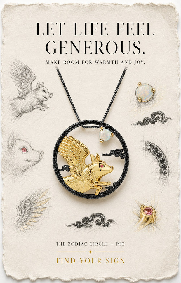 Pig — The Zodiac Circle. Gold winged pig and African opal inside a black circle, on illustrated paper.
