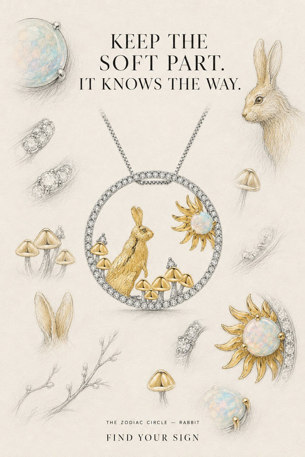 Rabbit — The Zodiac Circle. Gold rabbit and opal sun inside a pavé circle, on illustrated paper.