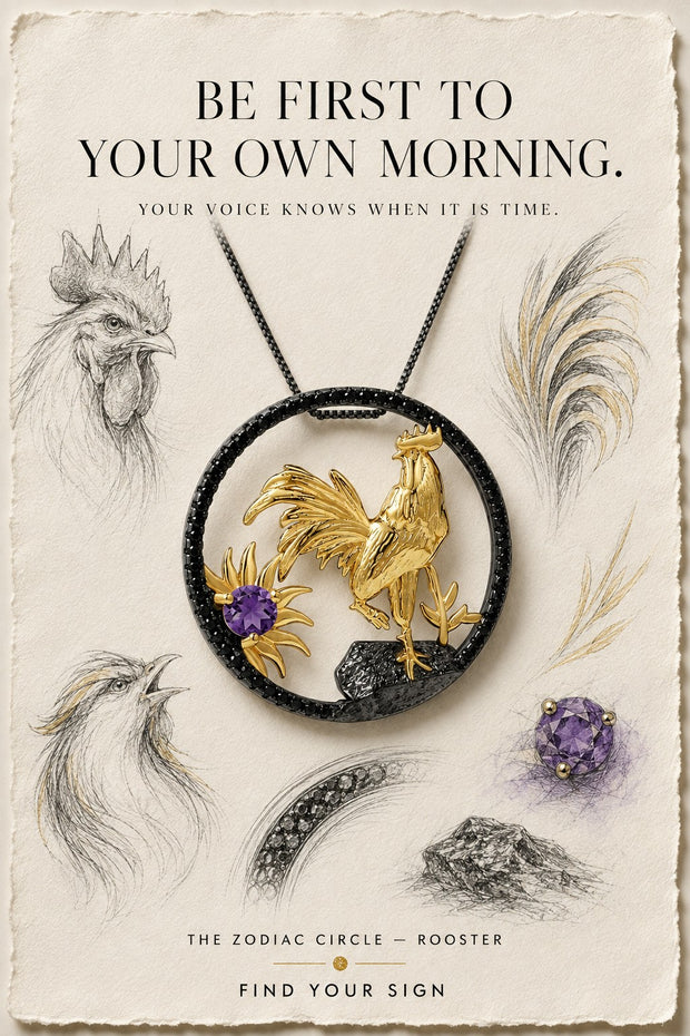 Rooster — The Zodiac Circle. Gold rooster and amethyst inside a black pavé circle, on illustrated paper.